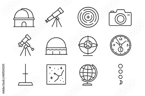 Astronomy Icon Set. Outline icon set of Astronomical observation of Earth’s spin: observatory dome, telescope, star trail diagram,