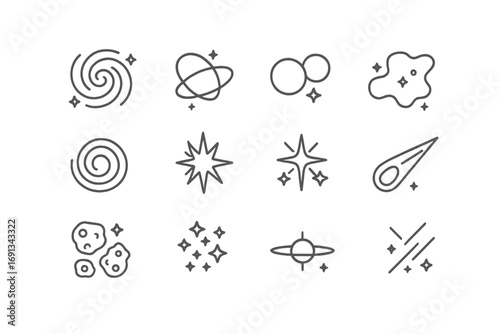 Astronomical Icon Grid. Outline icon set of Astronomical wonders in the multiverse: spiral galaxy, elliptical galaxy, binary stars