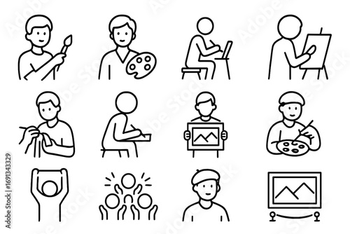 Artists Icon Set. Outline icon set of artists at work: painter with brush, artist holding palette, person seated sketching, figure