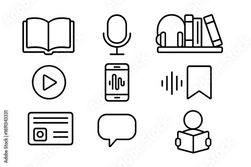 Audiobook Icon Set. Outline icon set of audiobook creation: open book, narrator mic, headphones, bookshelf, play icon, mobile app,
