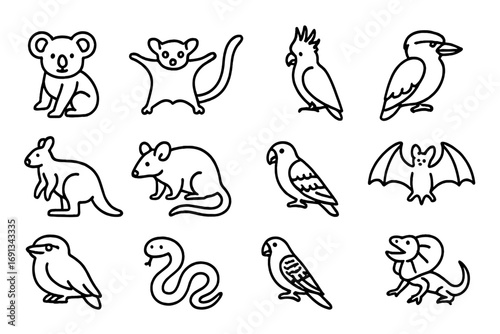 Australian Tree Icons. Outline icon set of Australian tree-dwelling animals: koala, sugar glider, cockatoo, kookaburra, tree