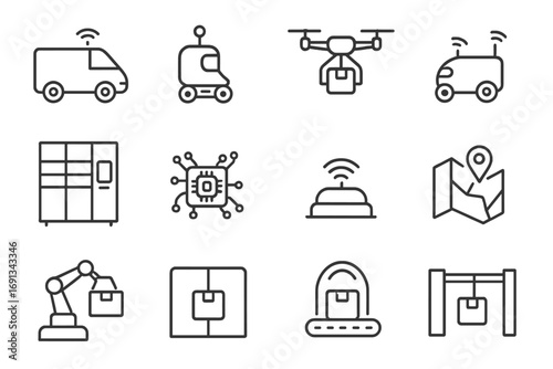 Automated Delivery Icons. Outline icon set of automated delivery systems: self-driving van, robotic courier, drone with package,