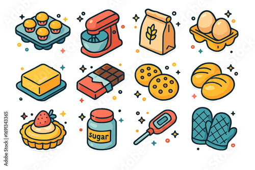 Baking Essentials Icons. Colorful isometric vector icons set of baking lessons: cupcake tray, stand mixer, flour bag, eggs, butter