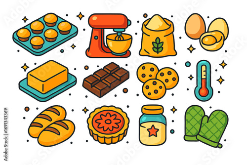 Baking Essentials Icons. Colorful isometric vector icons set of baking lessons: cupcake tray, stand mixer, flour bag, eggs, butter