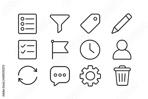 Backlog Icon Set. Outline icon set of backlog grooming and refinement: backlog list, filter funnel, tag icon, pencil, checklist,