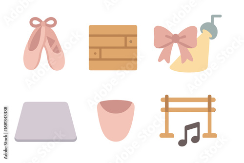 Ballet Toe Shoe Icons. Flat vector mini-illustrations Pointe shoes on marley-covered wooden floor in colors children's