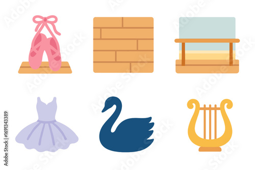 Ballet Icons Grid. Flat vector mini-illustrations Ballet shoes on wooden floor in colors children's illustrations: ballet slippers