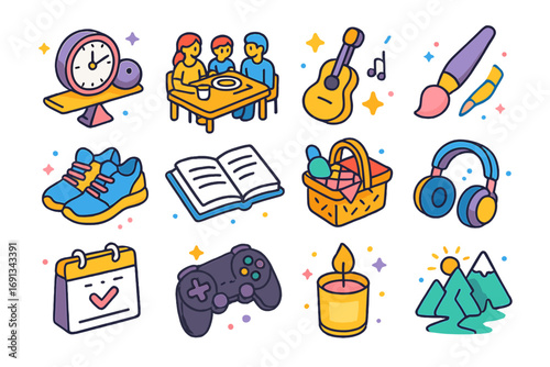 Balanced Lifestyle Icons. Colorful isometric vector icons set of balancing education and personal life: clock with balance, family