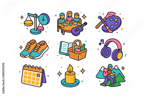Balanced Lifestyle Icons. Colorful isometric vector icons set of balancing education and personal life: clock with balance, family