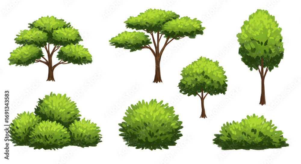 Fototapeta premium Oil pastel illustration set of trees and bushes nature plants