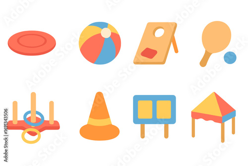 Beach Game Icons. Flat vector mini-illustrations Beach game area decorations in colors children's illustrations: frisbee, beach