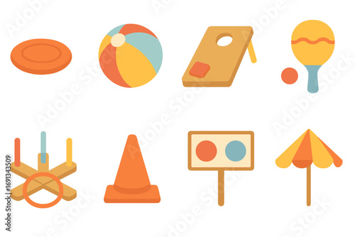 Beach Game Icons. Flat vector mini-illustrations Beach game area decorations in colors children's illustrations: frisbee, beach