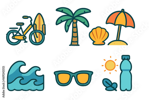 Beachside Cycling Icons. Flat vector mini-illustrations Beachside cycling cruise in colors children's illustrations: beach bike,
