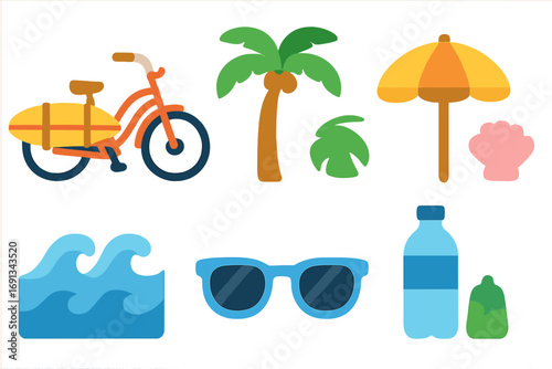 Beachside Cycling Icons. Flat vector mini-illustrations Beachside cycling cruise in colors children's illustrations: beach bike,