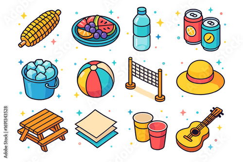 Beachside Picnic Icons. Colorful isometric vector icons set of beachside potluck essentials: grilled corn, fruit platter, bottled