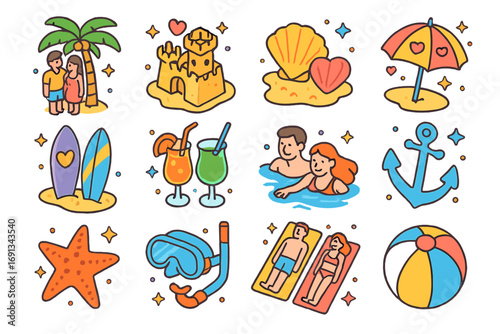 Beachside Love Icons. Colorful isometric vector icons set of beachside love adventures: couple under palm tree, sandcastle with