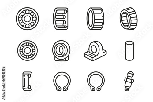 Bearing Icon Set. Outline icon set of Bearings & bushings: deep groove ball bearing, cylindrical roller bearing, needle roller