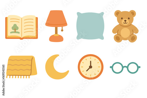 Bedtime and Picnic Icons. Flat vector mini-illustrations Bedtime story reading in colors children's illustrations: open storybook,