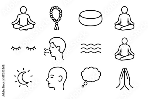 Bedtime Meditation Icons. Outline icon set of bedtime meditation: lotus sitting figure, prayer beads, meditation cushion, sound