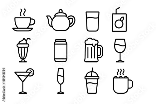 Beverage Icon Collection. Outline icon set of beverages with meals: coffee cup, tea pot, water glass, juice box, milkshake, soda