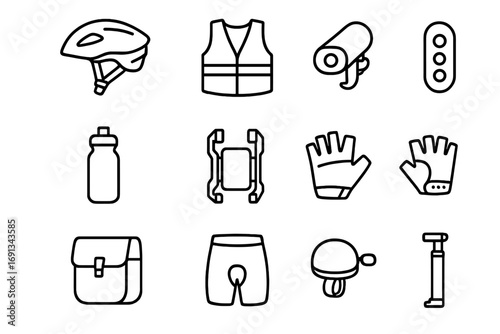 Bike Commuting Essentials. Outline icon set of bike commuting essentials: helmet, reflective vest, headlight, tail light, water
