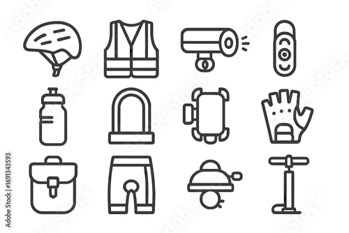 Bike Commuting Essentials. Outline icon set of bike commuting essentials: helmet, reflective vest, headlight, tail light, water