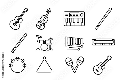 Beginner Instruments Icons. Outline icon set of basic musical instruments for beginners: acoustic guitar, small violin, digital