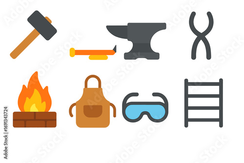 Blacksmith Forge Icons. Flat vector mini-illustrations Blacksmith forging nails in colors children's illustrations: blacksmith