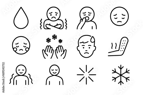 Body Temperature Icons. Outline icon set of body reactions to temperature: sweating droplet, shivering person, yawning, tired face