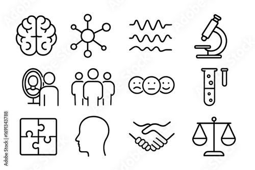 Brain and Empathy Icons. Outline icon set of brain and empathy studies: brain, neuron web, EEG waves, microscope, mirror, group of