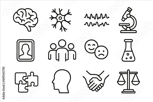 Brain and Empathy Icons. Outline icon set of brain and empathy studies: brain, neuron web, EEG waves, microscope, mirror, group of
