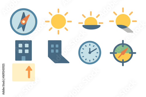 Building Orientation Icons. Flat vector mini-illustrations Building orientation optimization in colors children's illustrations: