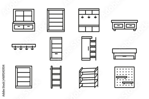Built-In Storage Icons. Outline icon set of built-in storage and millwork: window seat, bookcase, mudroom cubby, bench with