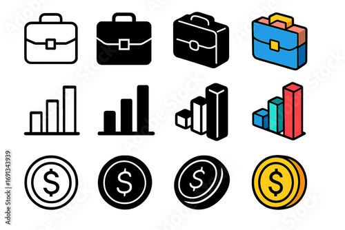 Business Icon Set. Icon Set of Business: Briefcase, Bar Chart, Coin. Icons set in vector style, emblematic variations. Briefcase