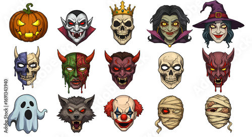 A collection of spooky Halloween character faces, including monsters, skulls, and classic icons.