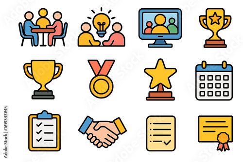 Business Icon Set. Colorful vector icons set of business and startup: meeting room, brainstorming session, video conference,