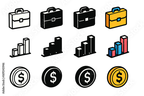 Business Icon Set. Icon Set of Business: Briefcase, Bar Chart, Coin. Icons set in vector style, emblematic variations. Briefcase