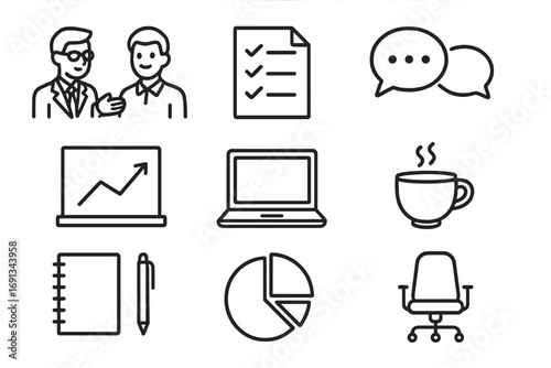 Business Feedback Icons. Outline icon set of Business feedback meeting: mentor giving feedback, mentee smiling, checklist sheet,