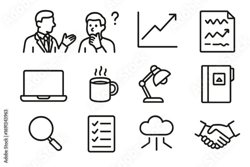 Business Growth Icons. Outline icon set of Business growth discussion: mentor gesturing, mentee thinking, upward arrow chart,