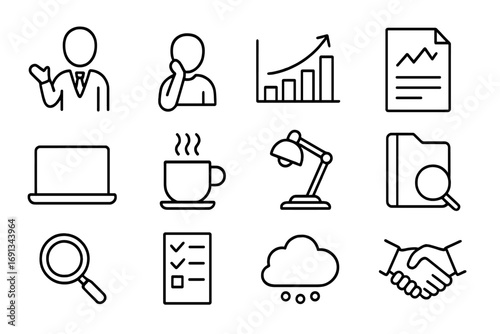 Business Growth Icons. Outline icon set of Business growth discussion: mentor gesturing, mentee thinking, upward arrow chart,