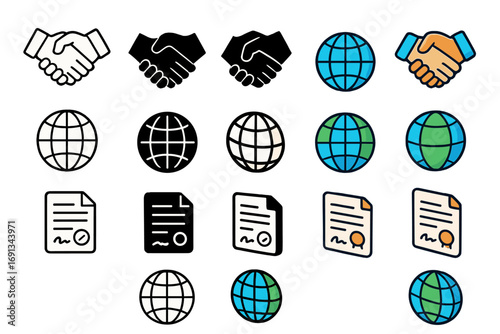 Business Logo Variations. Set Logo of Business: Handshake, Globe, Contract. Logo set in vector style, emblematic variations.