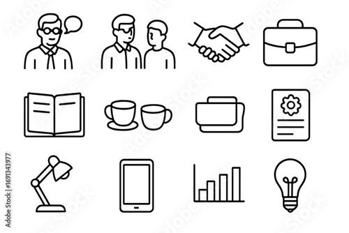 Business Mentor Icons. Outline icon set of Business mentor guiding entrepreneur: mentor speaking, mentee listening, handshake,