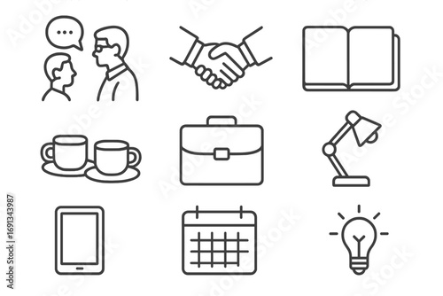 Business Mentor Icons. Outline icon set of Business mentor guiding entrepreneur: mentor speaking, mentee listening, handshake,