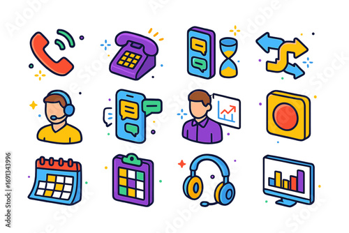 Call Center Icon Set. Colorful isometric vector icons set of call center workflow: incoming call, ringing phone, call queue,