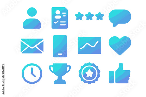 Candidate Experience Icons. Gradient icons set of candidate experience tracking: user silhouette, feedback form, star rating, chat