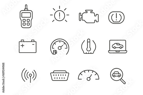 Car Diagnostics Icons. Outline icon set of car diagnostics: diagnostic scanner, warning light, engine icon, battery indicator,