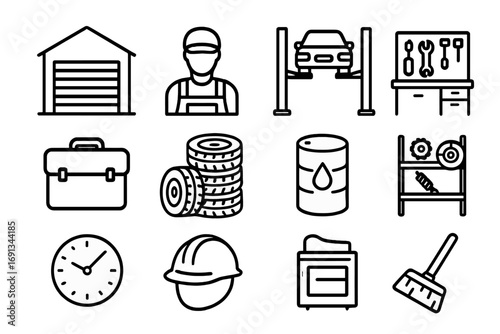 Car Service Icons. Outline icon set of car service workshop: garage, mechanic, hydraulic lift, workbench, toolbox, tires stack,