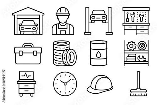 Car Service Icons. Outline icon set of car service workshop: garage, mechanic, hydraulic lift, workbench, toolbox, tires stack,