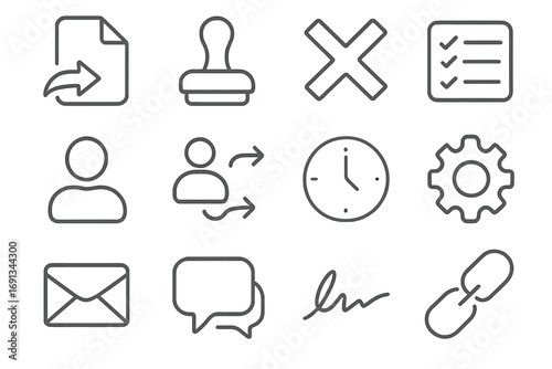 Change Request Icons. Outline icon set of change request and approval flow: change document, approval stamp, reject cross,