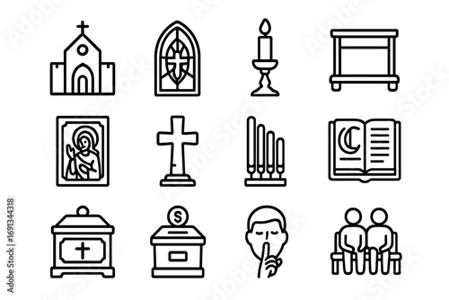 Chapel Icon Collection. Outline icon set of Castle chapel & art: chapel facade, stained glass window, candle holder, prayer bench,